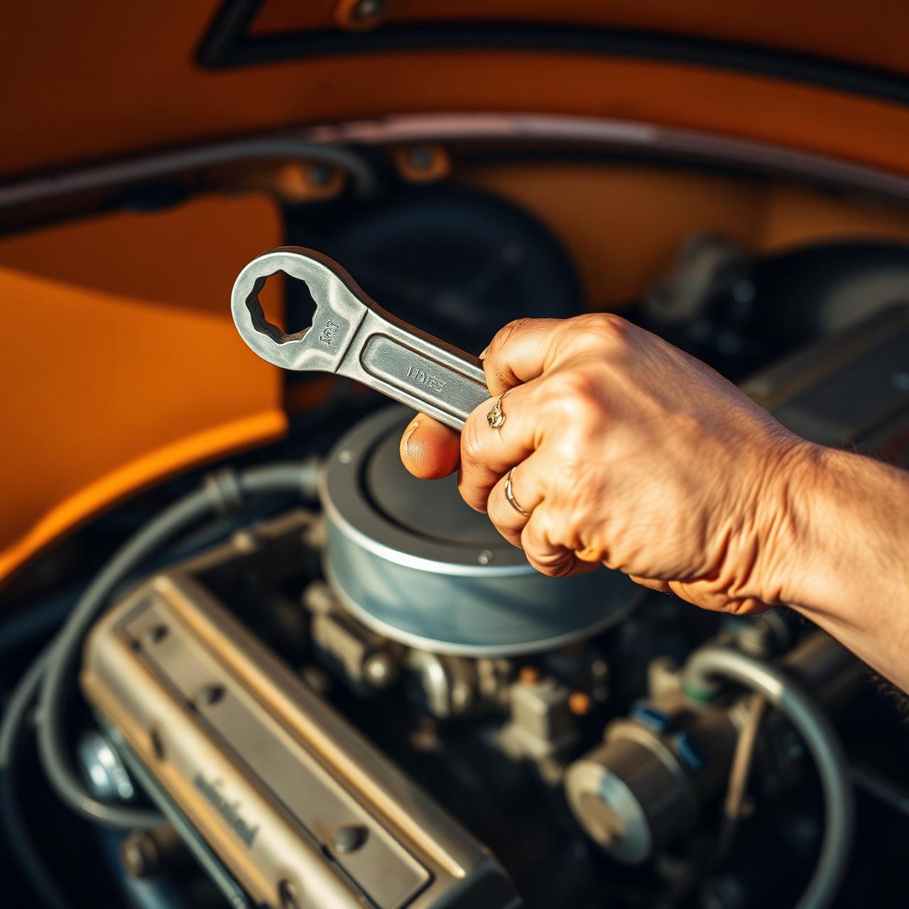 Mechanic hand over engine