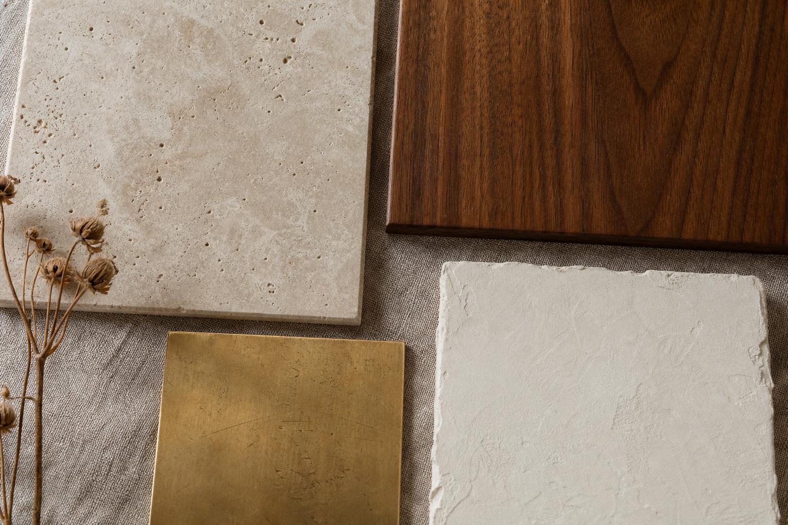 Travertine, walnut, brass, and lime plaster samples