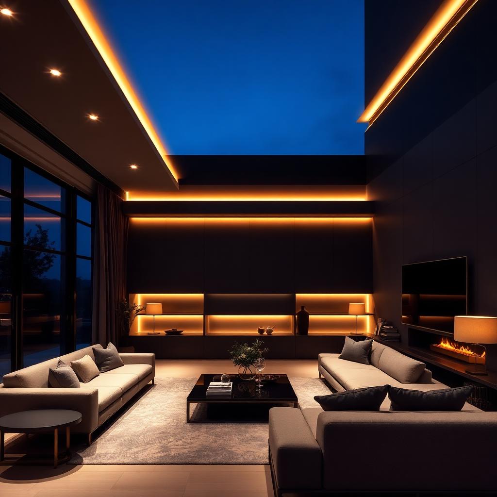 Layered lighting living room at twilight