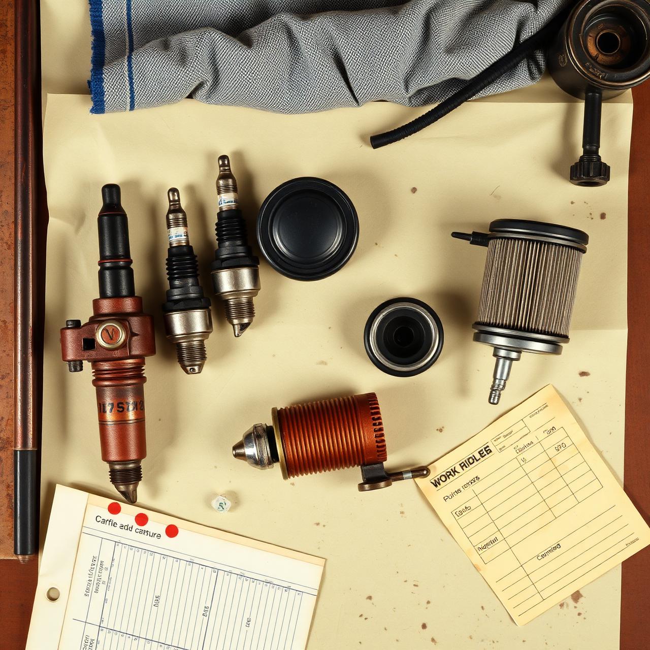 Vintage auto parts flatlay