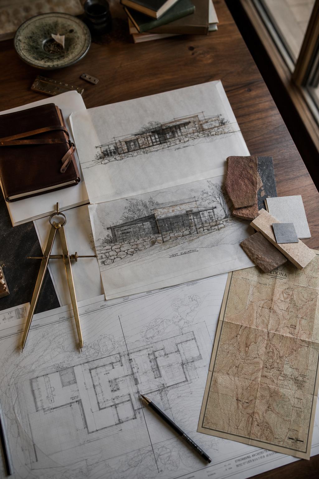 Architectural floor plans on a wooden desk