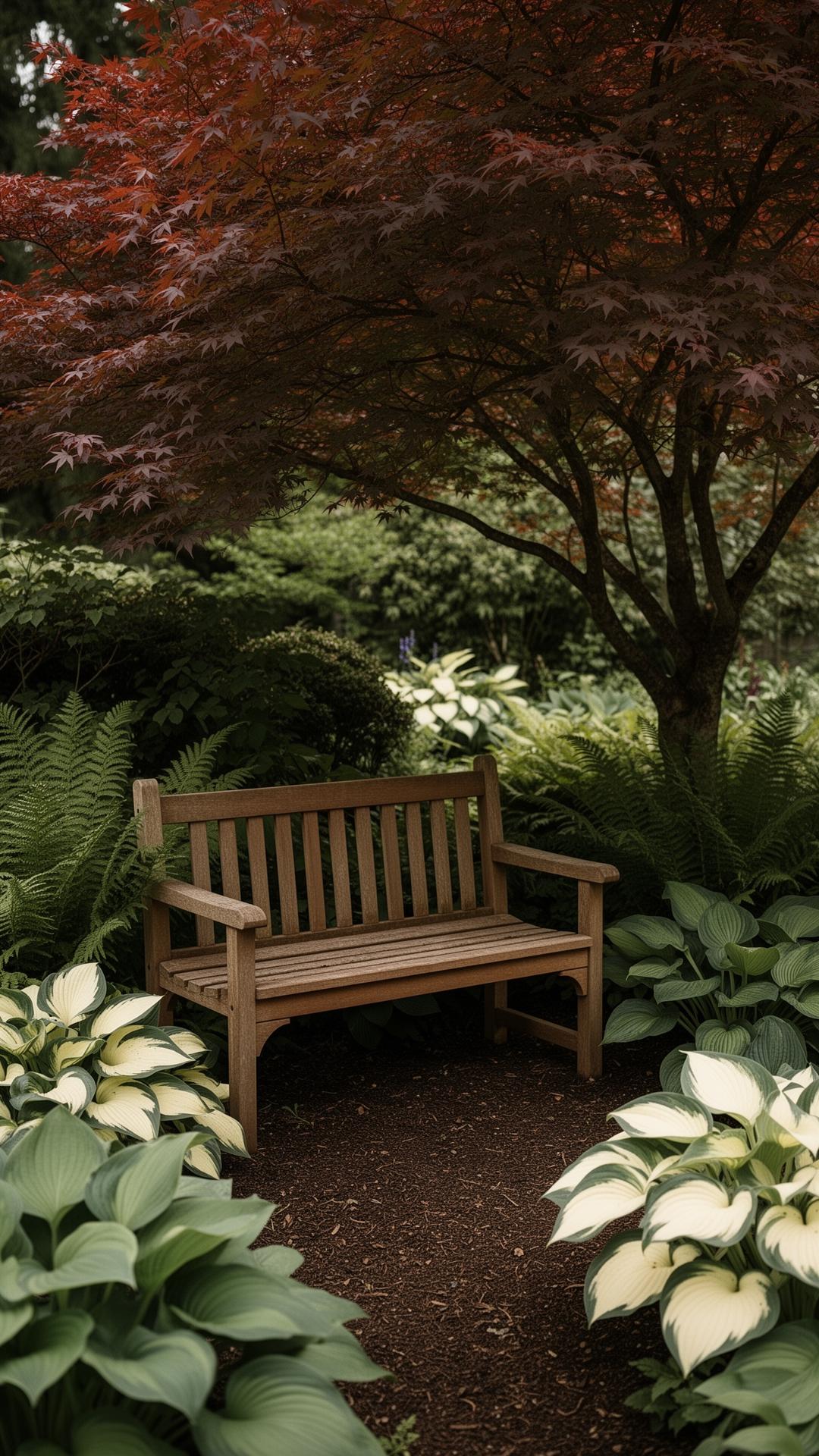Wooden bench beneath a Japanese maple in a shaded Pacific Northwest garden