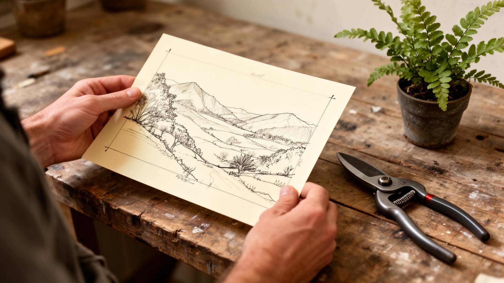 A landscape designer's hands reviewing a hand-drawn plan at the studio bench