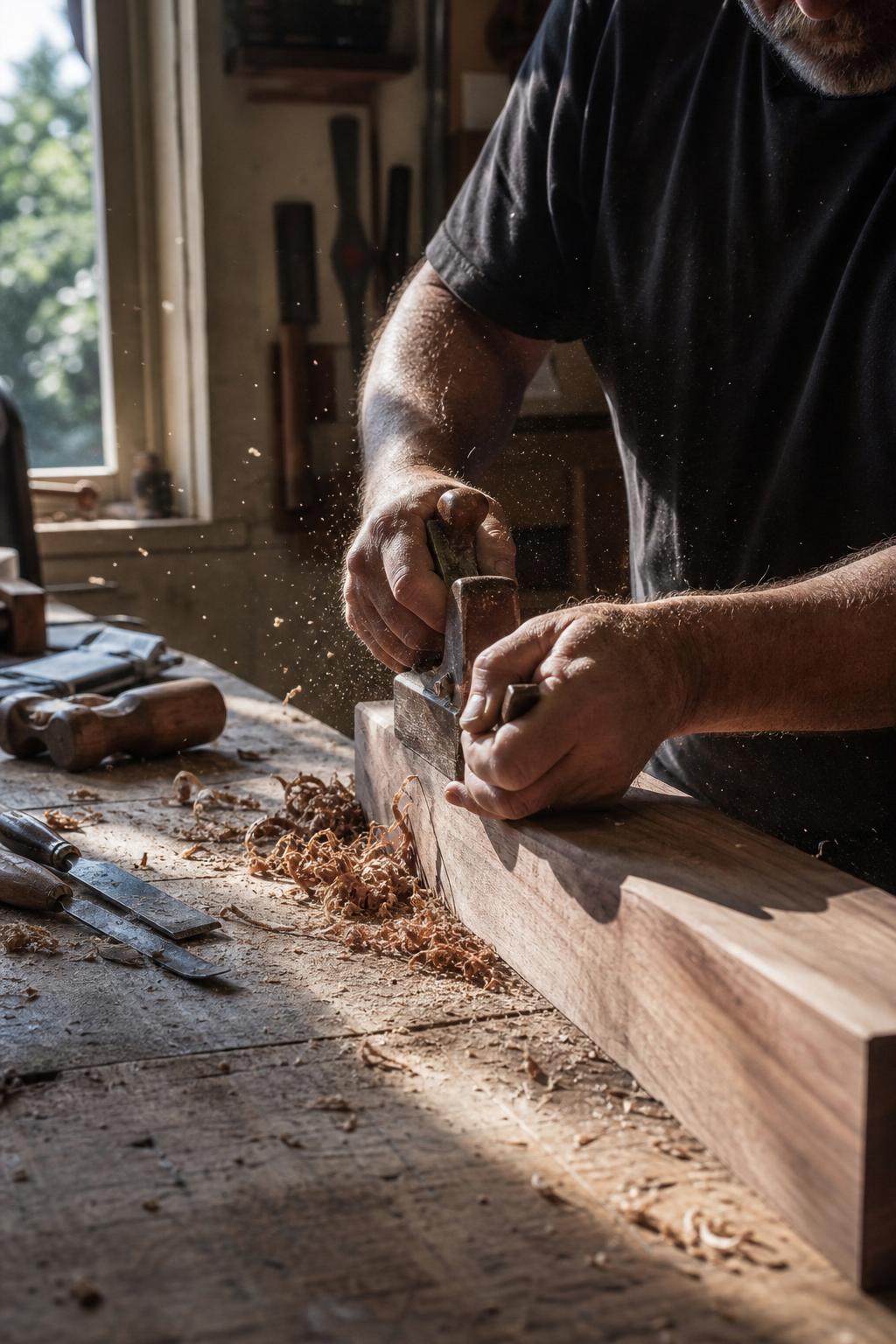 Master craftsman working raw timber